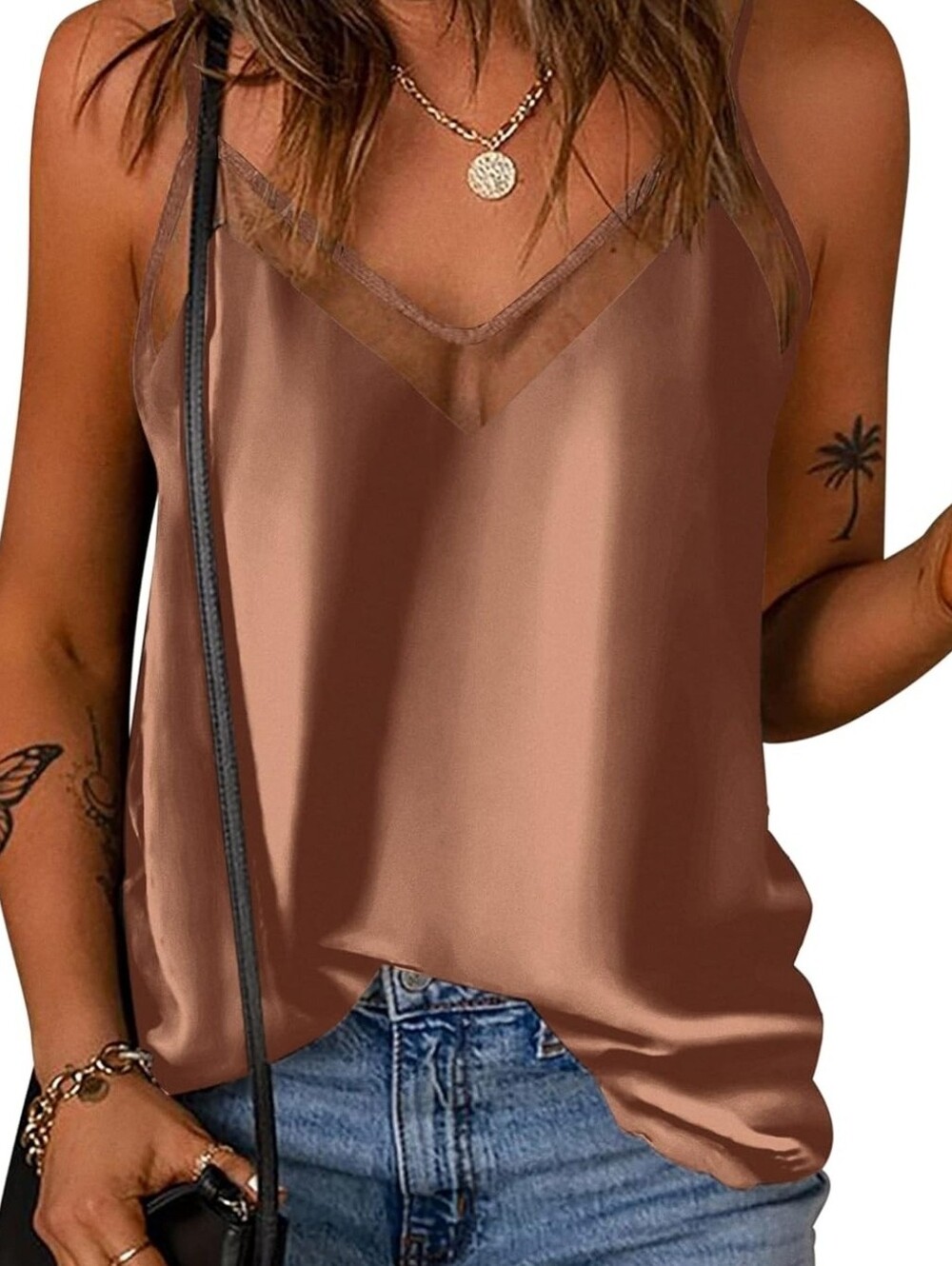 Ekouaer Womens Silk Satin Cami Tank Mesh V-Neck Adjustable Strap Sleeve